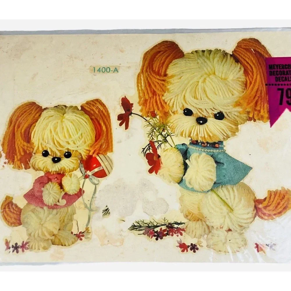 NOS Vintage 1970s Meyercord Decal Puppy Dogs Yarn Flowers Kawaii Kitschy FLAW